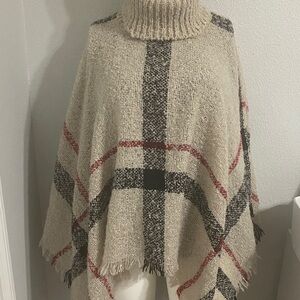 Plaid Knit Poncho with Fringe